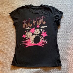 AC/DC Graphic T-Shirt Black Pink Stars Studded Band Tee Women Small